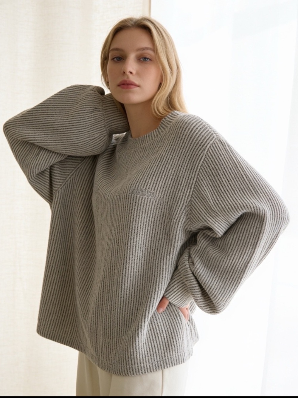 Lush Oversized Ribbed Knit Sweater Gray Cream Balloon Sleeve Pullover L